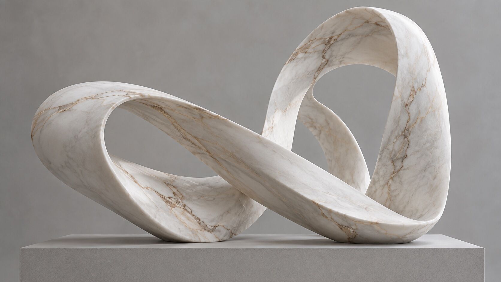 A white marble sculpture folded into a continuous ribbon loop, set on a low plinth against grey.