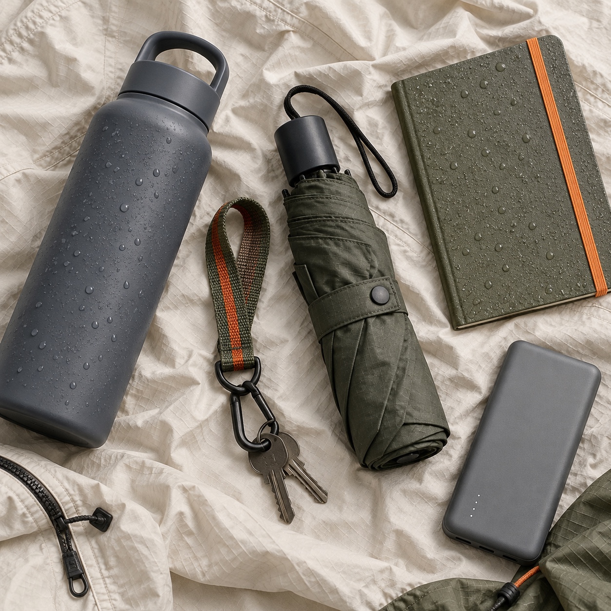Softly colored everyday accessories, cords and pouches are arranged with restrained utility.
