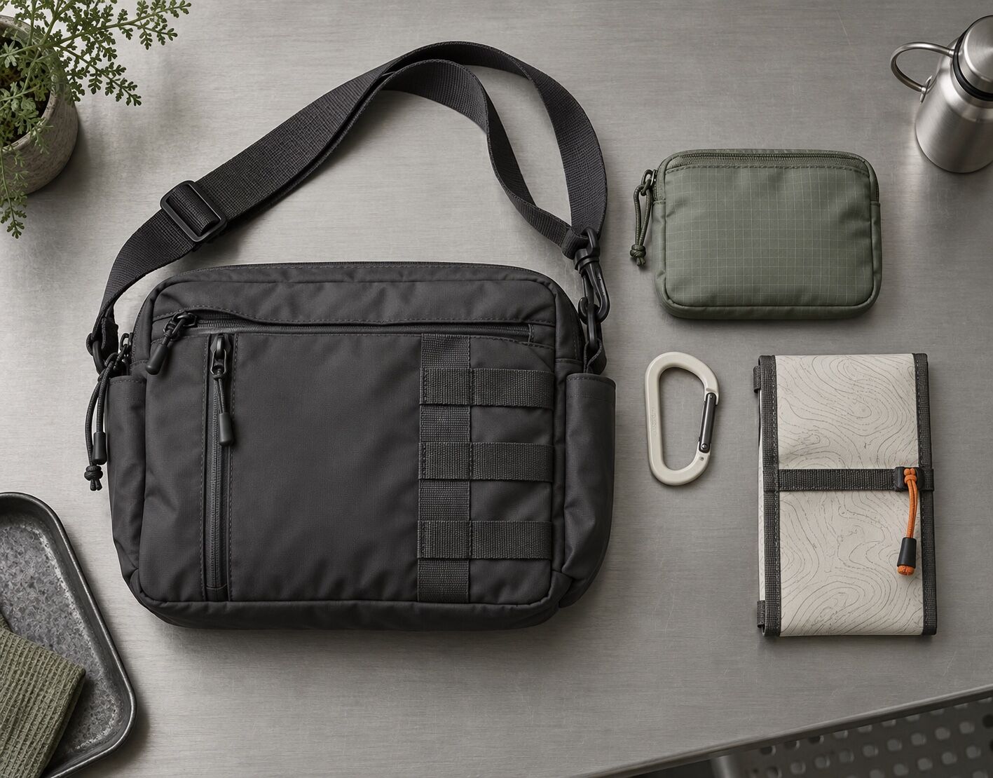 A pale nylon shoulder bag, folded pouch and small carabiner create a quiet soft-utility carry system.