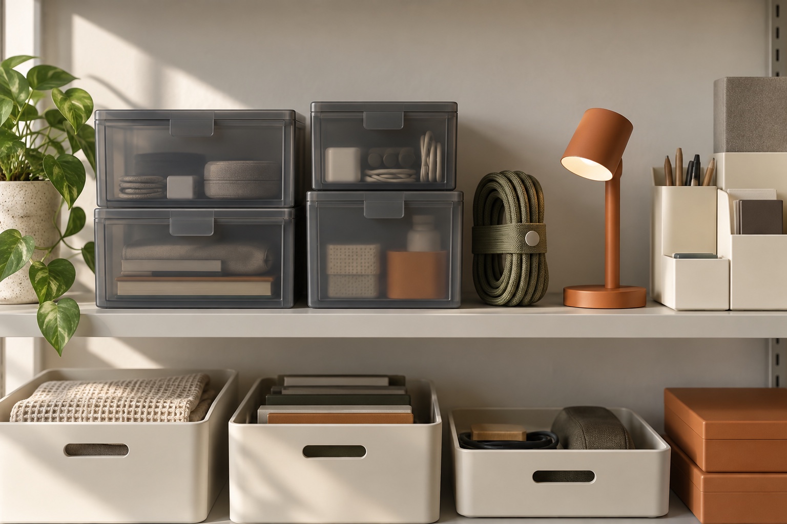 Modular storage cases, labels and folded fabric objects create a calm organizational still life.