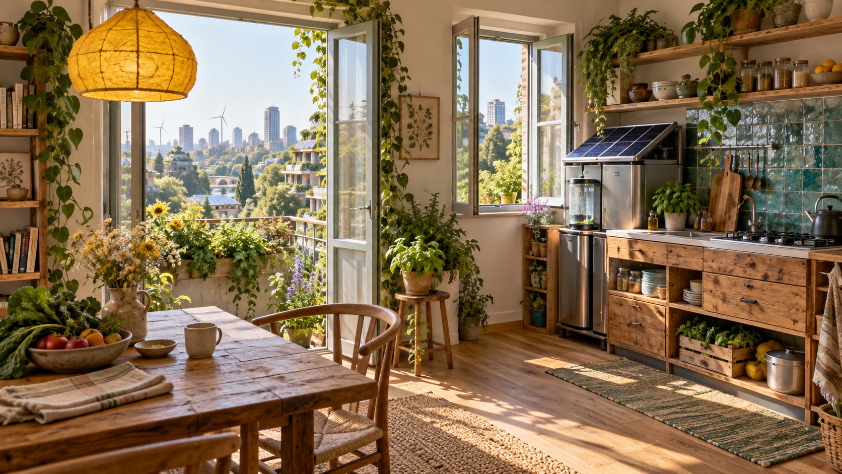 An edible-plant-filled apartment kitchen with a compact solar system and city view.