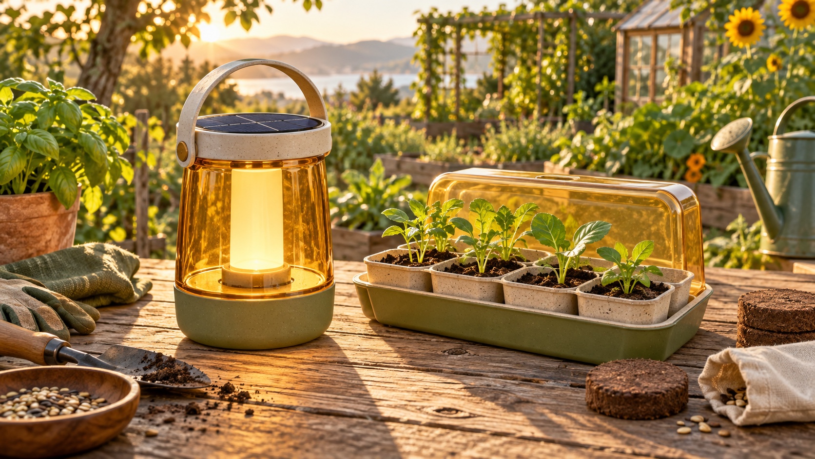 A solar lantern and seedling-growing kit on a reclaimed wood garden table.