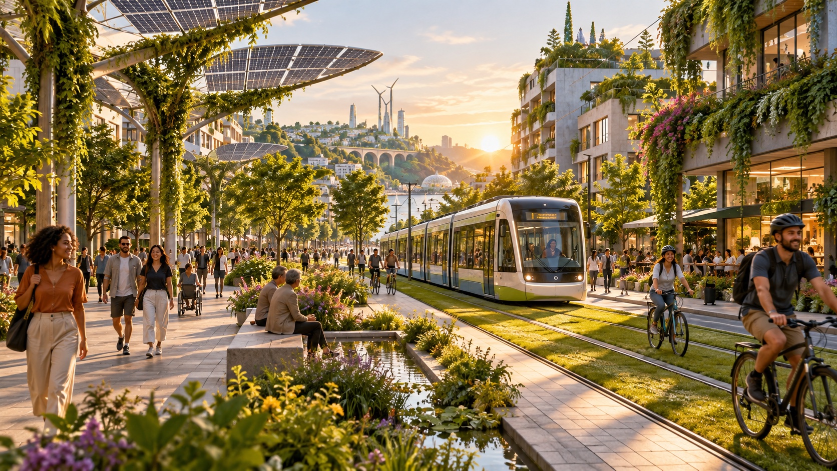 A lush car-free city avenue with a tram, solar canopies, cyclists and gardens.