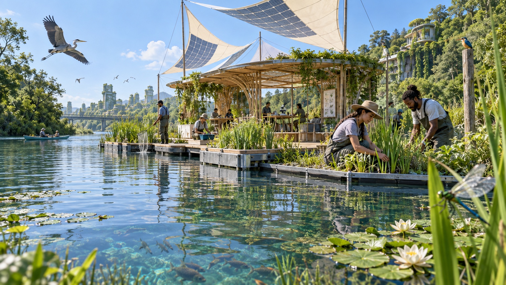 A floating wetland restoration pavilion powered by solar sails on a clear river.