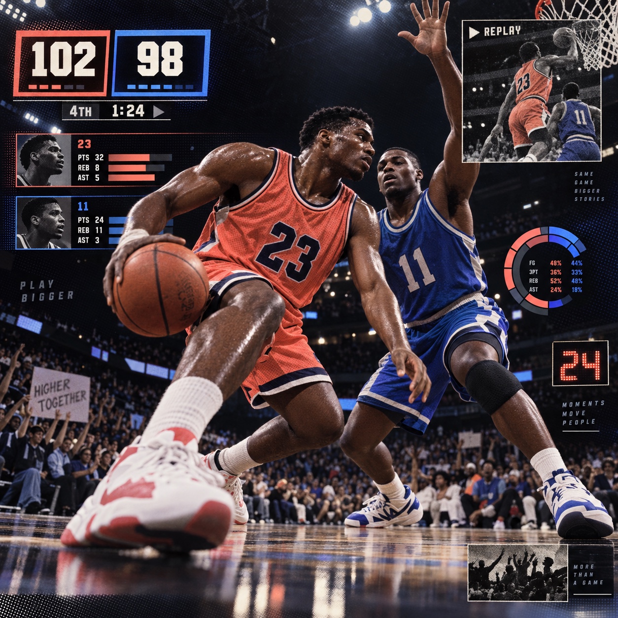 Sports-Game UI aesthetic: Courtside dossier scene