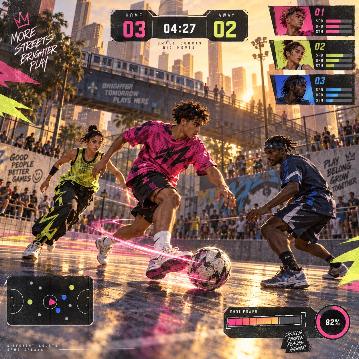 Sports-Game UI aesthetic: Street dossier scene