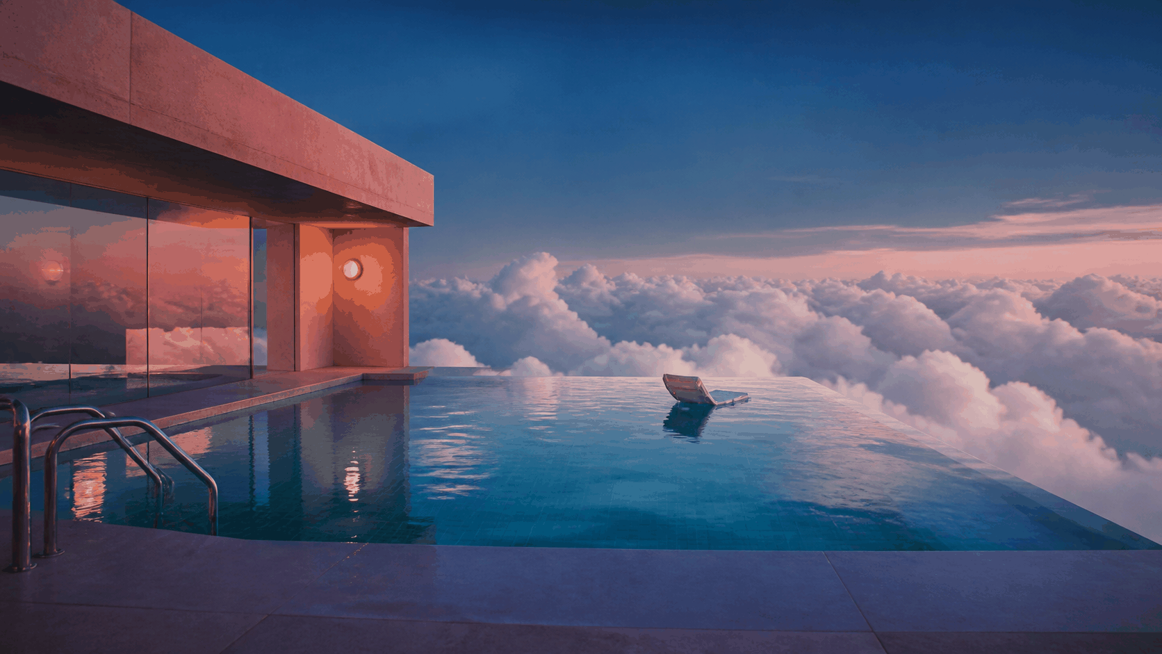 Surreal Dreamcore aesthetic: Infinity pool dossier scene