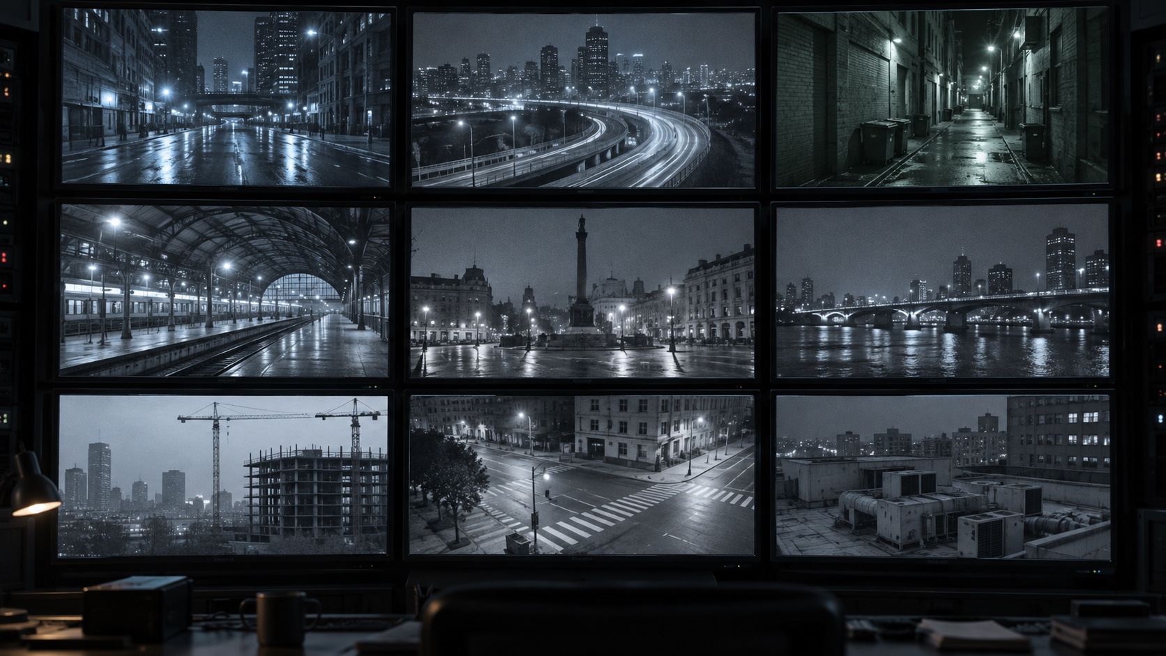 A wall of monitors showing grey night views of roads, cranes and empty streets.