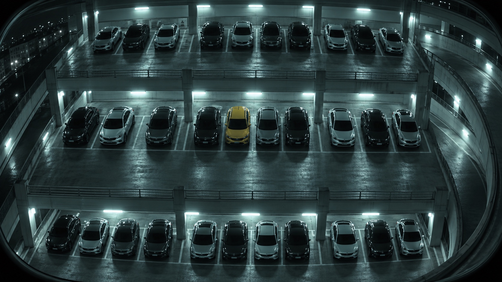 An overhead view of a lit underground car park, rows of parked cars with one yellow among them.