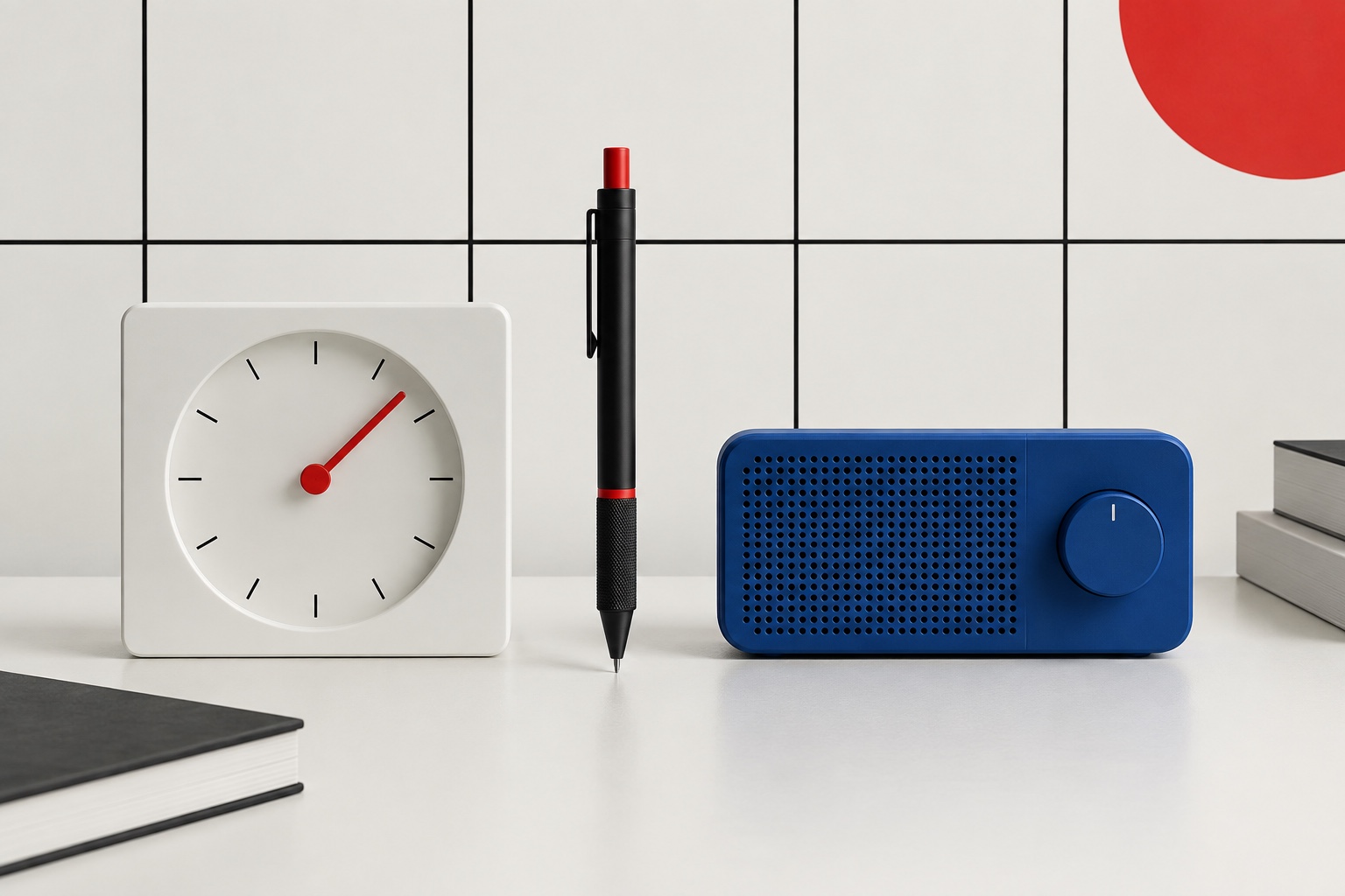 A white clock, black-and-red pencil and cobalt radio sit against a measured grid.