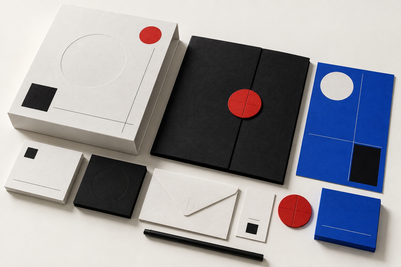 White, black, red and cobalt archival stationery is arranged in a precise visual system.