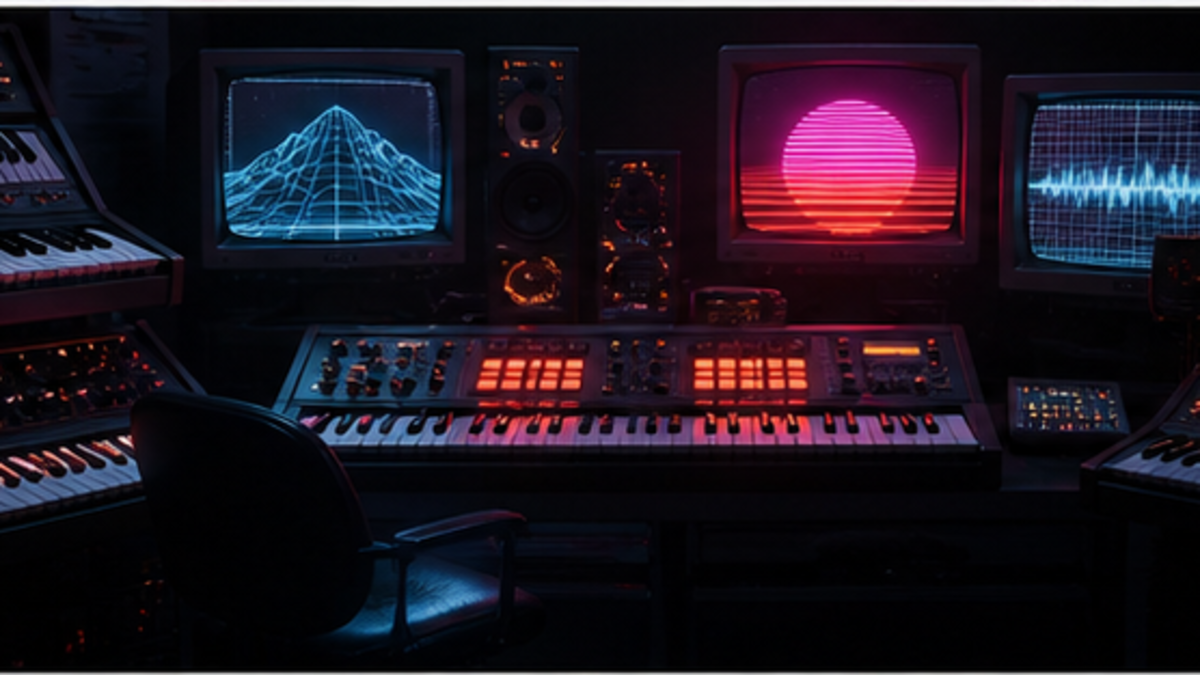 Synthwave aesthetic: Studio dossier scene