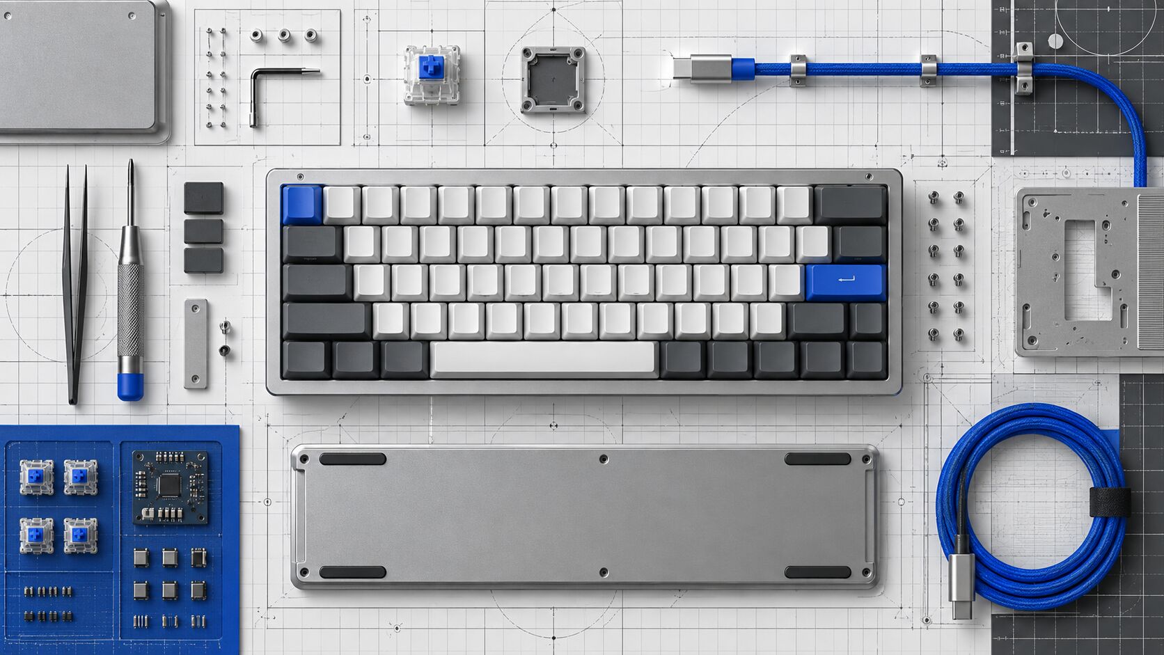 A modular hardware desktop layout with electronic components and routing grids.