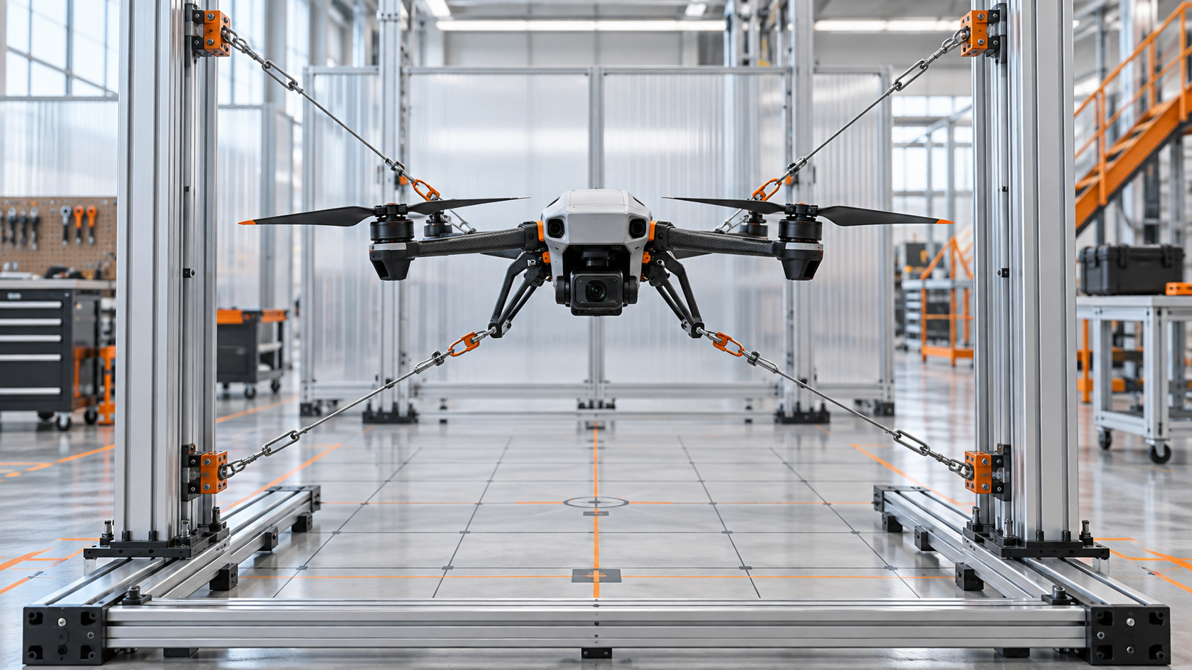 A compact drone prototype suspended on a test rig in an aerospace workshop.