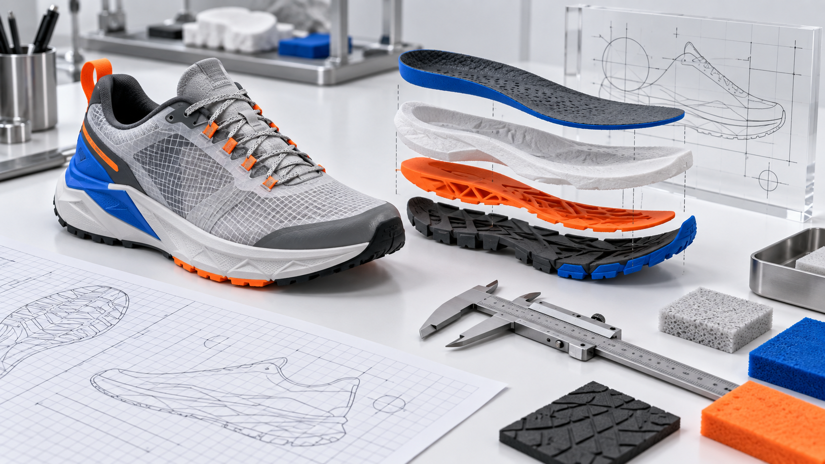 A technical footwear prototype with exploded sole sections and measurement tools.