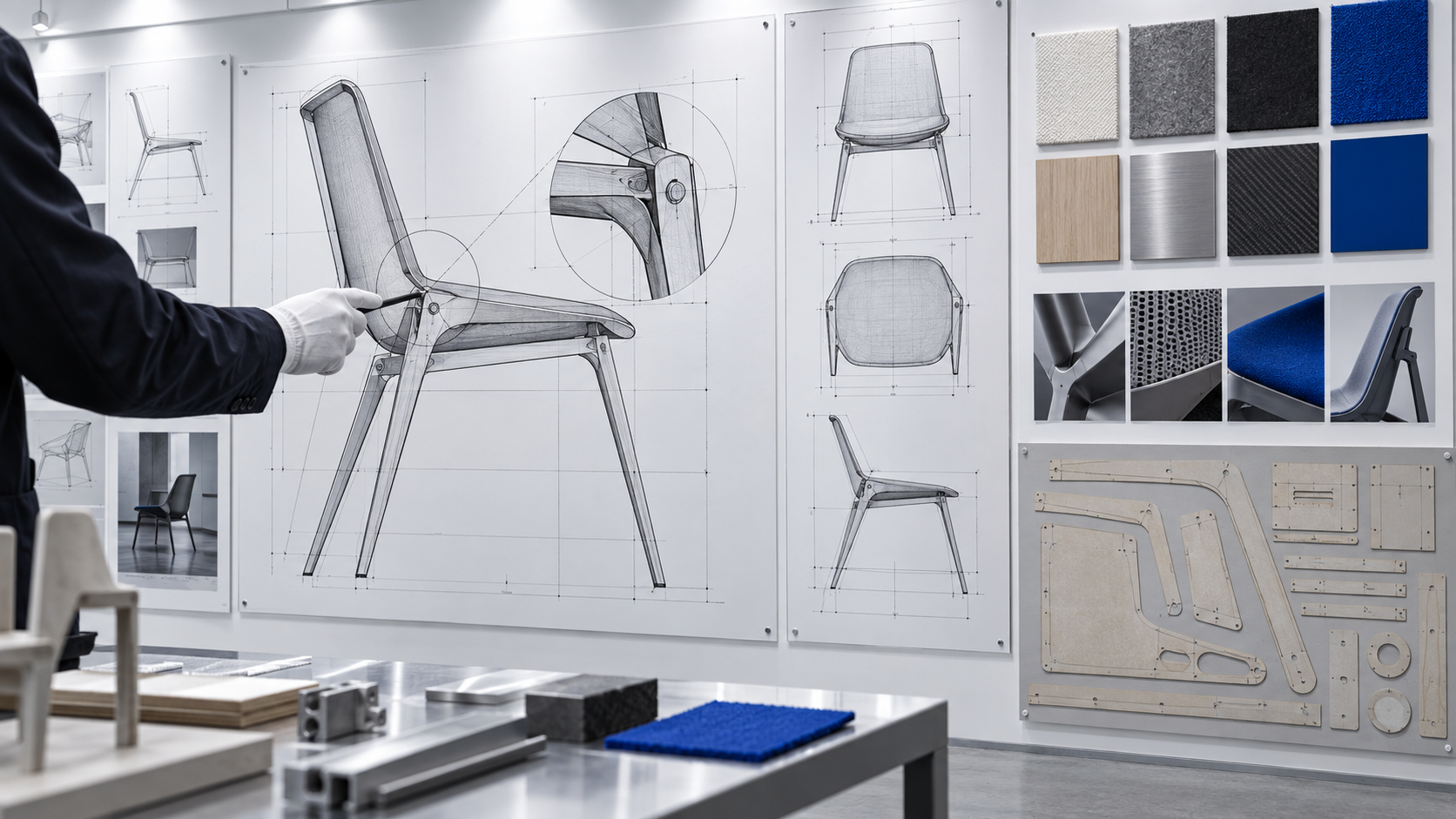 An industrial design review wall with chair construction diagrams and materials.