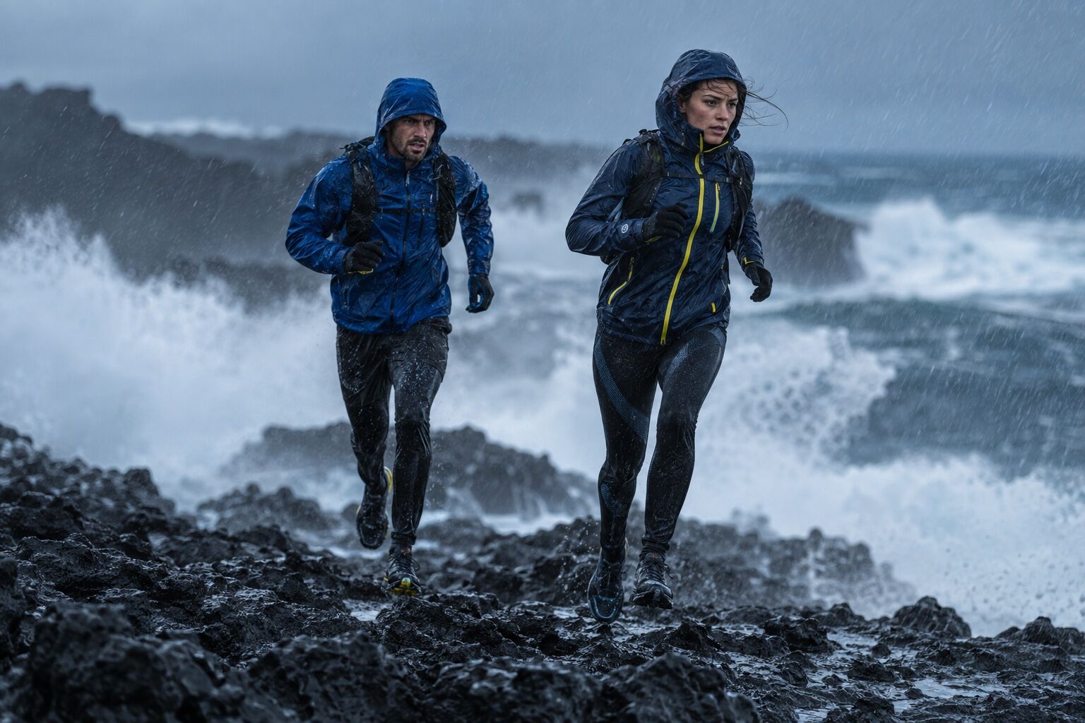 A model in technical sportswear steps across a rocky coastal stream.