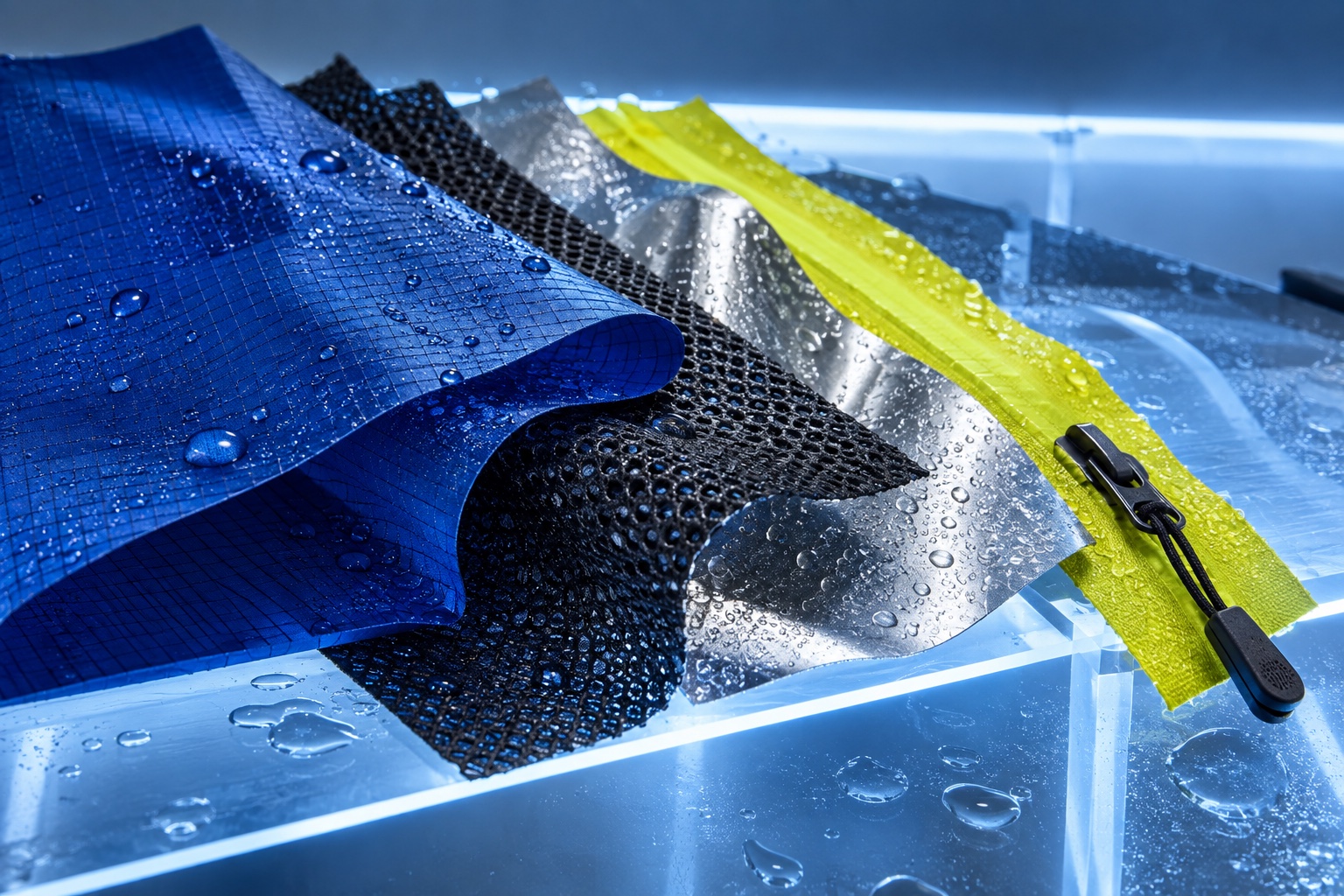 Ripstop, mesh and a cobalt seam strip reveal their contrasting textile structures.