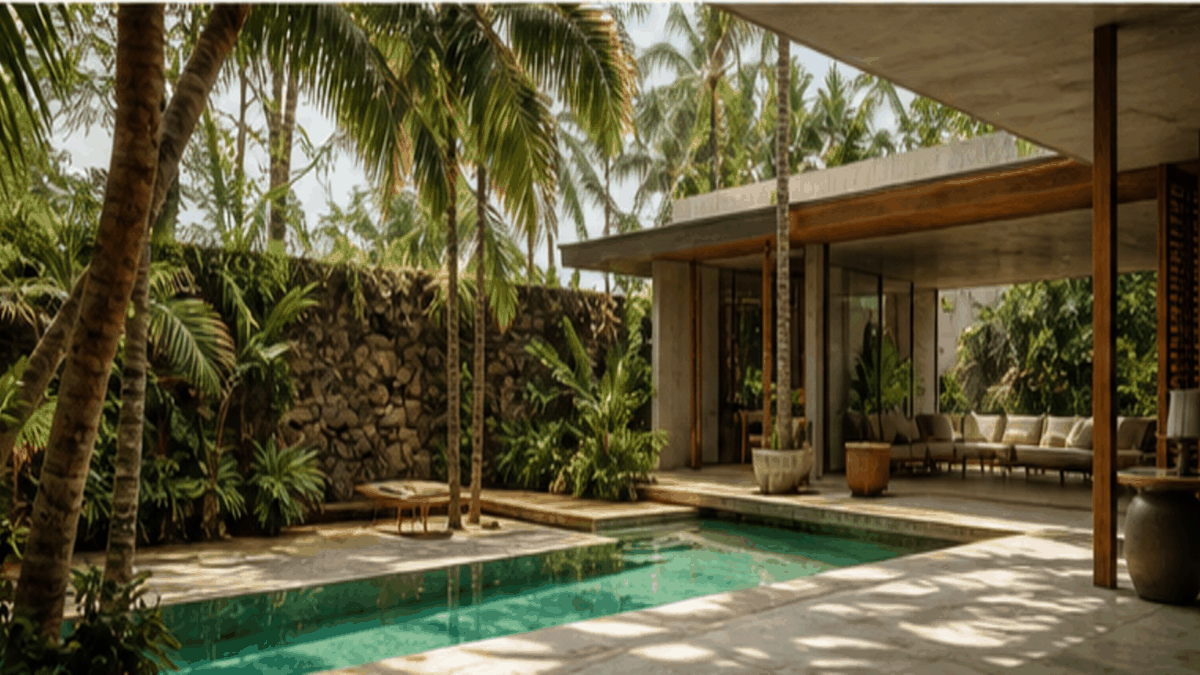 Tropical Modernism aesthetic: Pool dossier scene