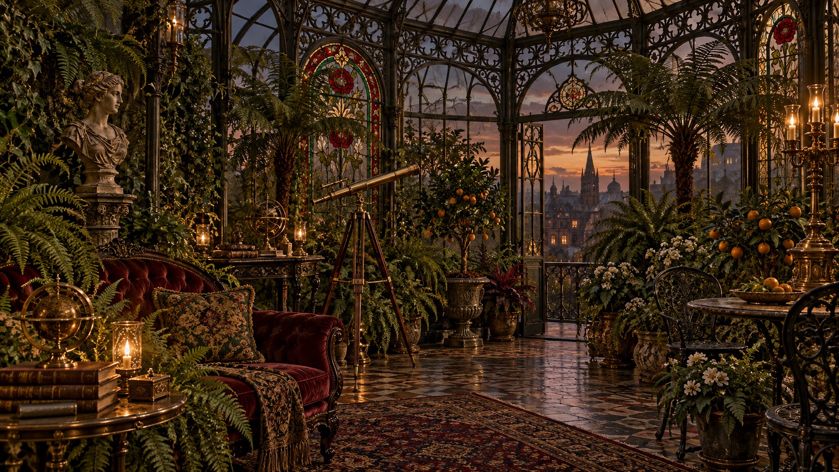 A glass and iron conservatory full of ferns and palms, lamps lit against a dusk city.