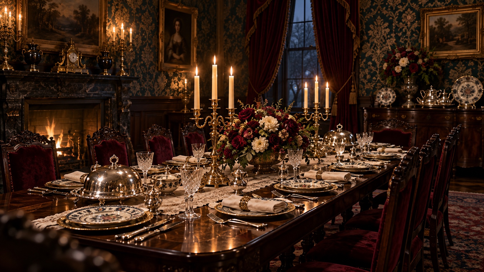 A long candlelit table laid with silver domes, crystal and dark roses in a papered room.
