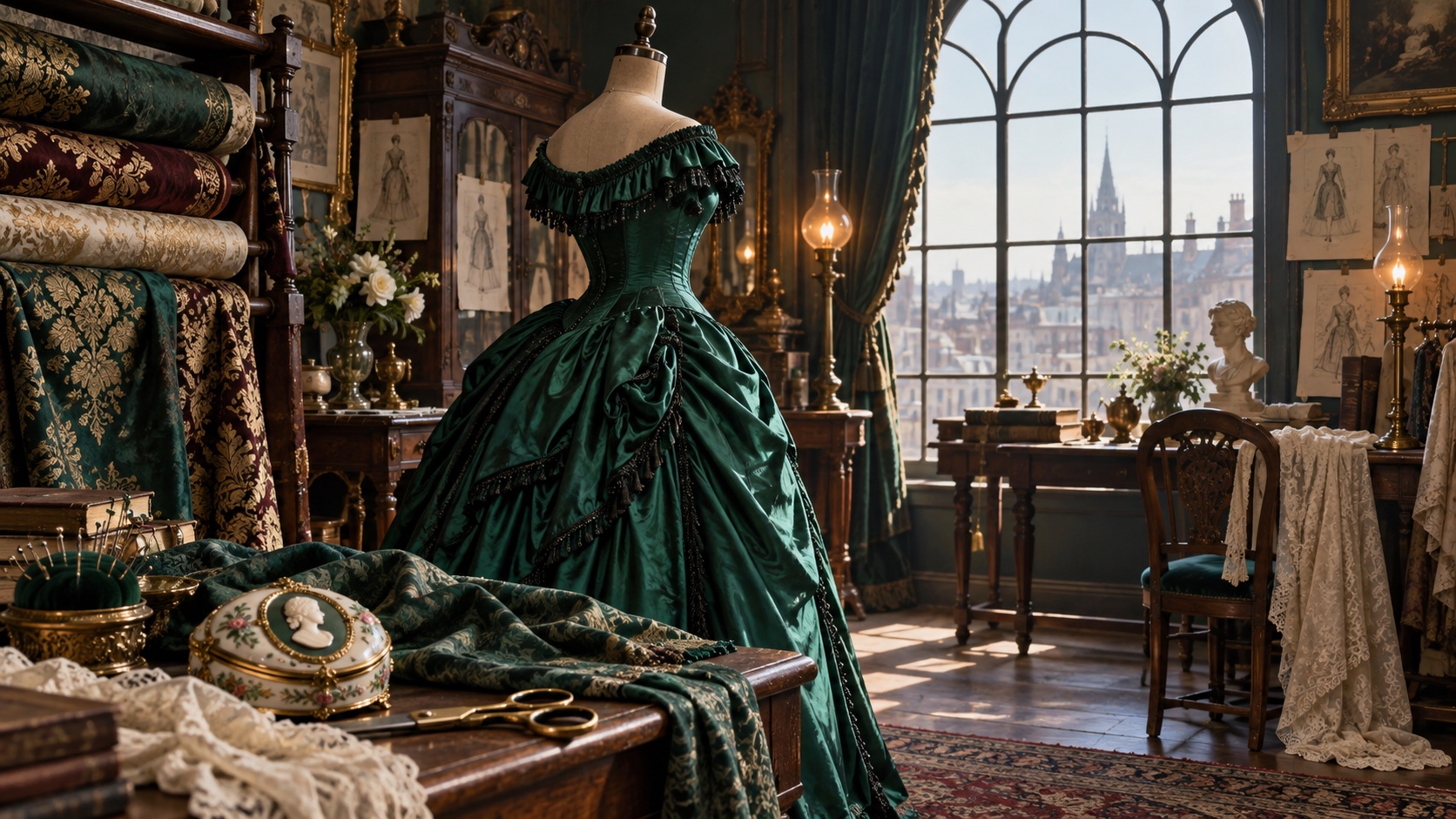 A green silk gown on a dress form beside a worktable of lace, thread and a letter.