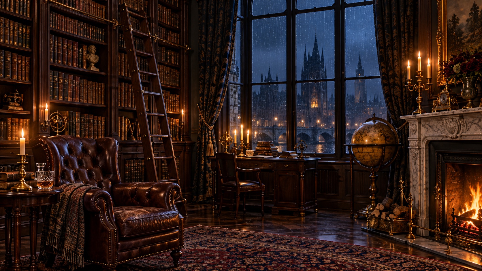 A two-storey library with a rolling ladder, leather chairs, a globe and a lit fire.