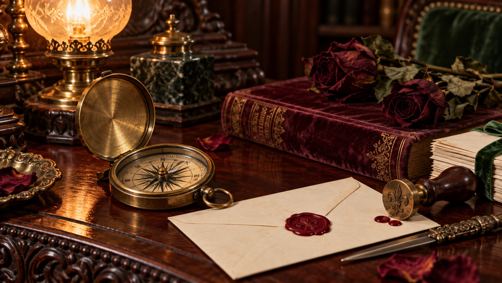 A brass compass, a wax-sealed letter, ink and a lamp on a desk dressed in red velvet.