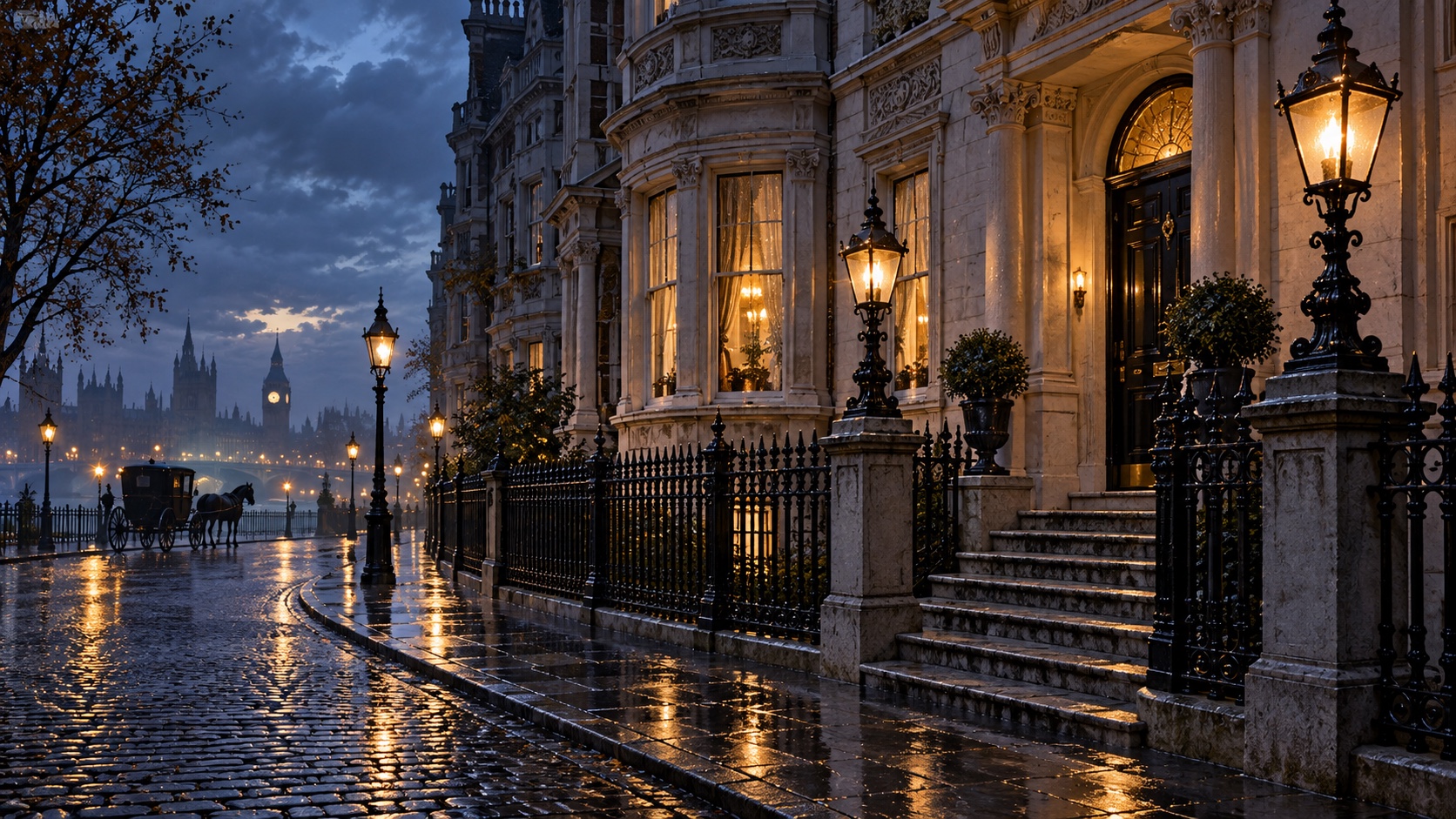 A row of lamplit townhouses on a wet street at dusk, iron railings and stone steps.