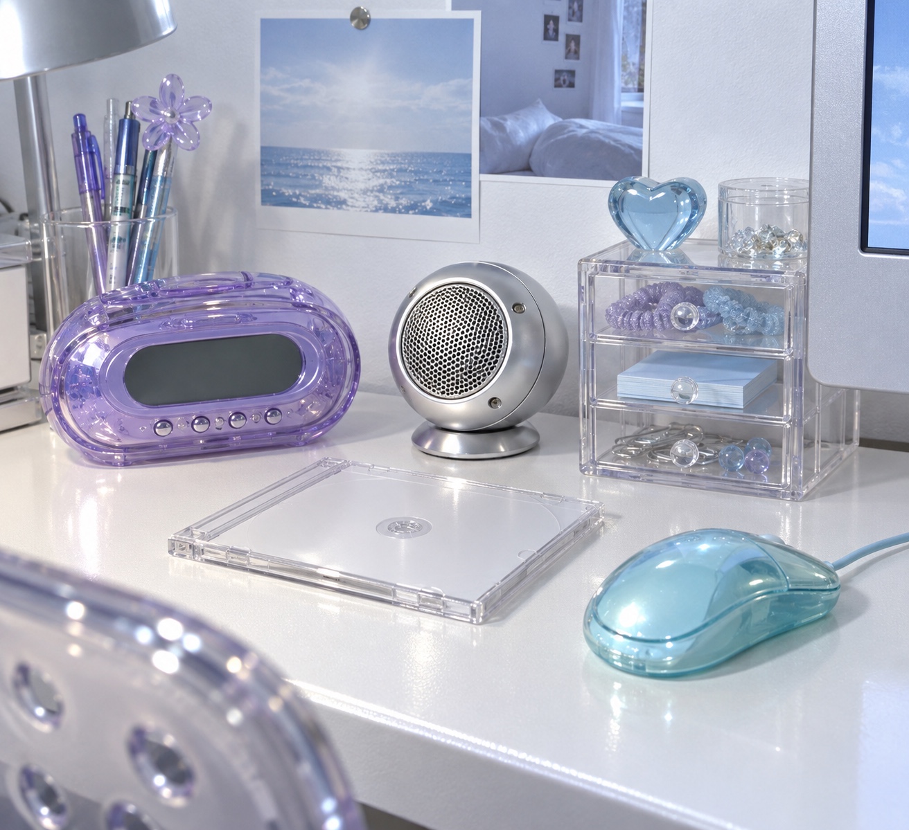 A translucent keyboard, jelly calculator and silver desk tools evoke a polished early-digital desktop.
